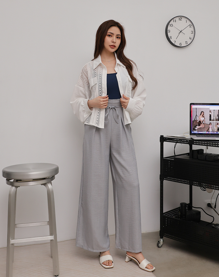 SOLID COLOR TEXTURED TIE-WAIST PANTS
