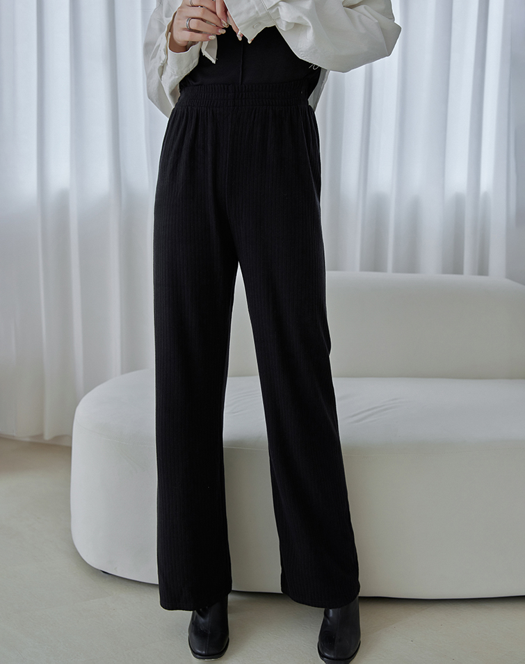 ELASTICATED WAIST BRUSHED RIBBED WIDE-LEG PANTS