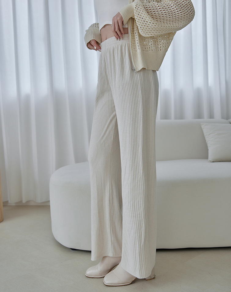 ELASTICATED WAIST BRUSHED RIBBED WIDE-LEG PANTS