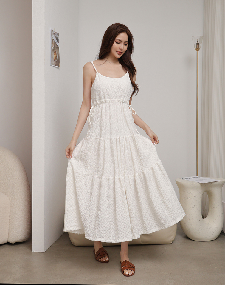 PLAID BROCADE WAIST-TIE SUSPENDER DRESS