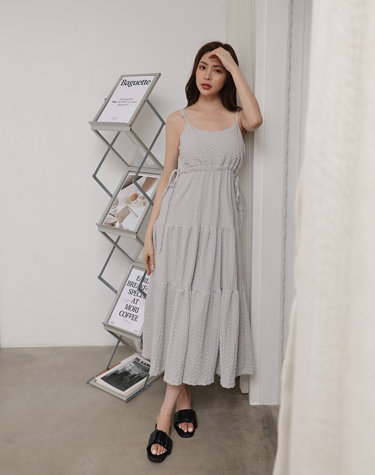 PLAID BROCADE WAIST-TIE SUSPENDER DRESS