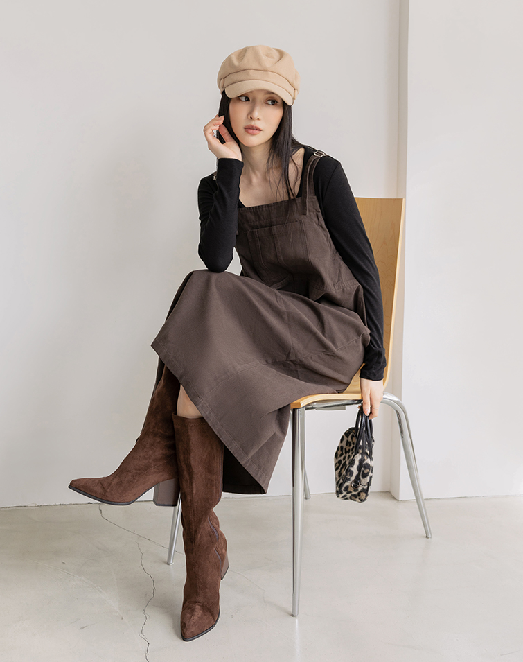 STRETCH-TWILL POCKET SLIMMING OVERALL DRESS