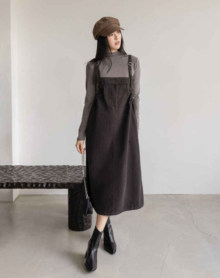 STRETCH-TWILL POCKET SLIMMING OVERALL DRESS
