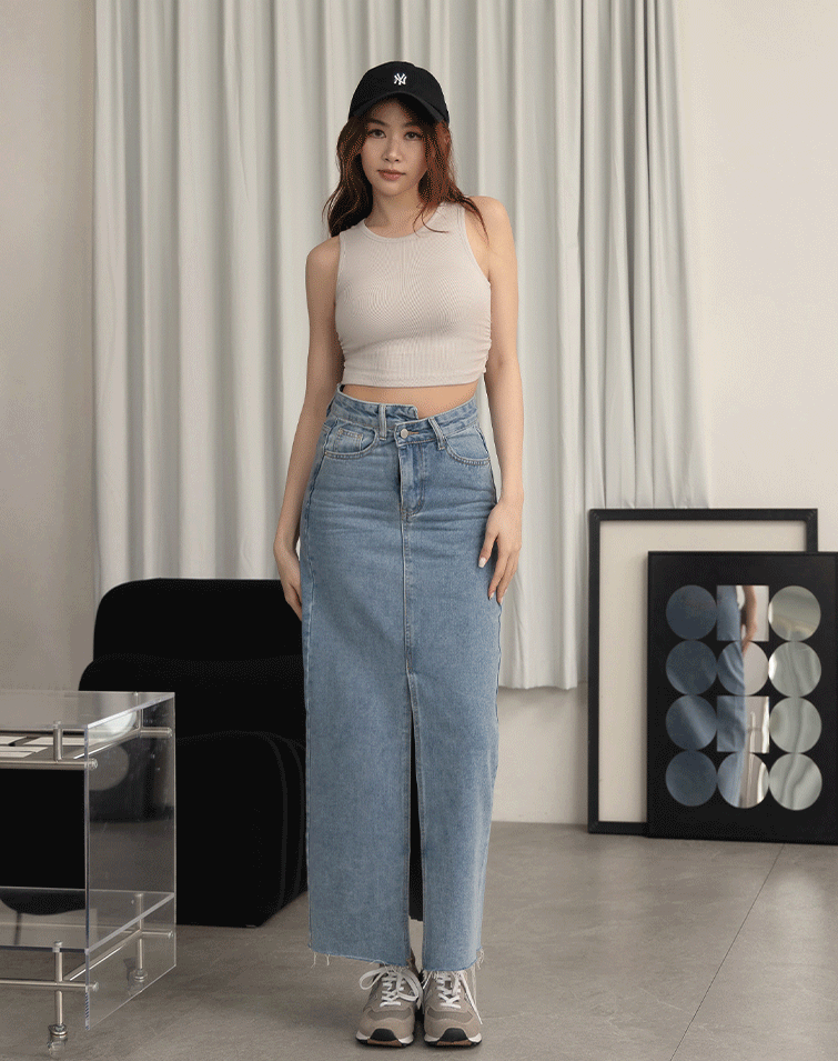 MISMATCHED WAISTLINE SLIT DENIM SKIRT