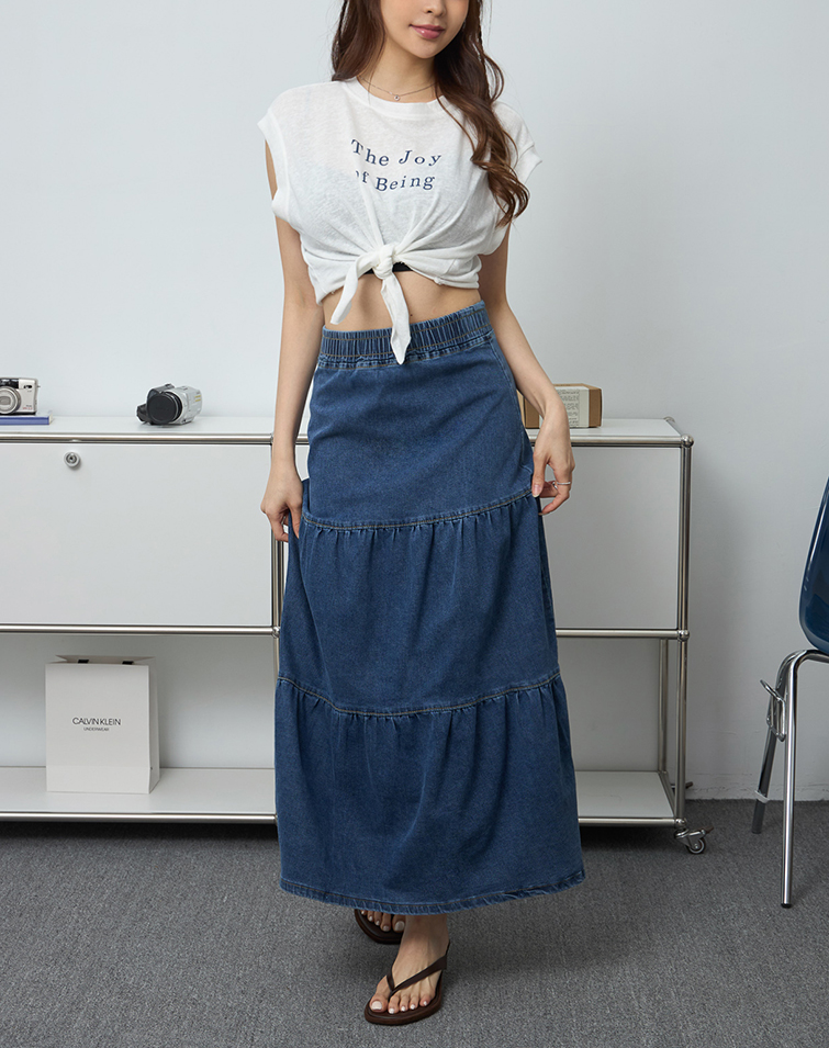 TIERED DENIM SKIRT WITH  STRETCH WAIST-CINCHING