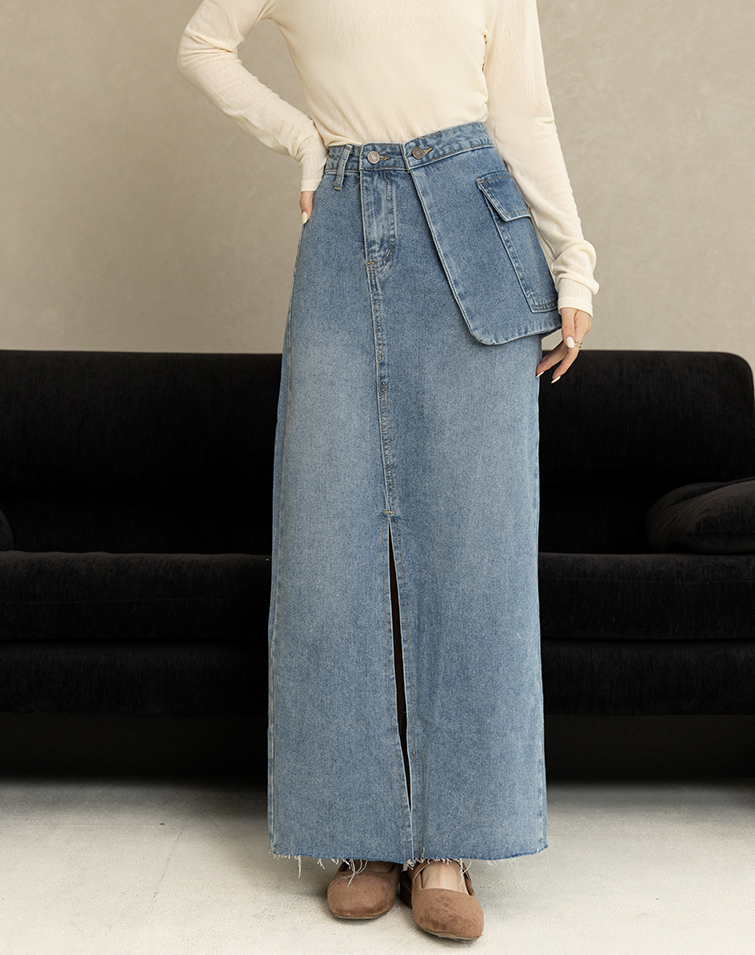 FADED TWO-PIECE STYLE DENIM MAXI SKIRT